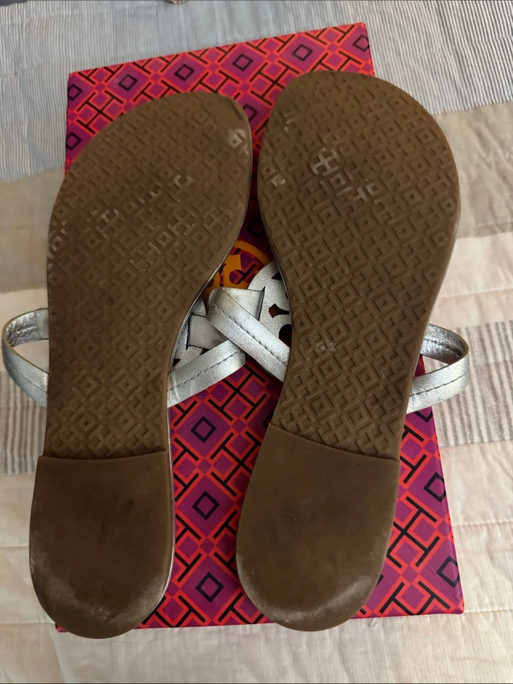 Tory Burch Metallic Silver Logo Medallion Thong Sandals